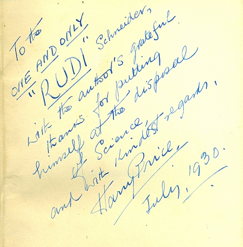 Harry Price' inscription to Rudi in Rudi's own copy of Price' book on him